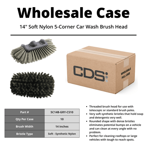 14" Soft Nylon 5-Corner Car Wash Brush Head [Case of 10] - Custom Dealer Solutions-5C14B-GRY-CS10