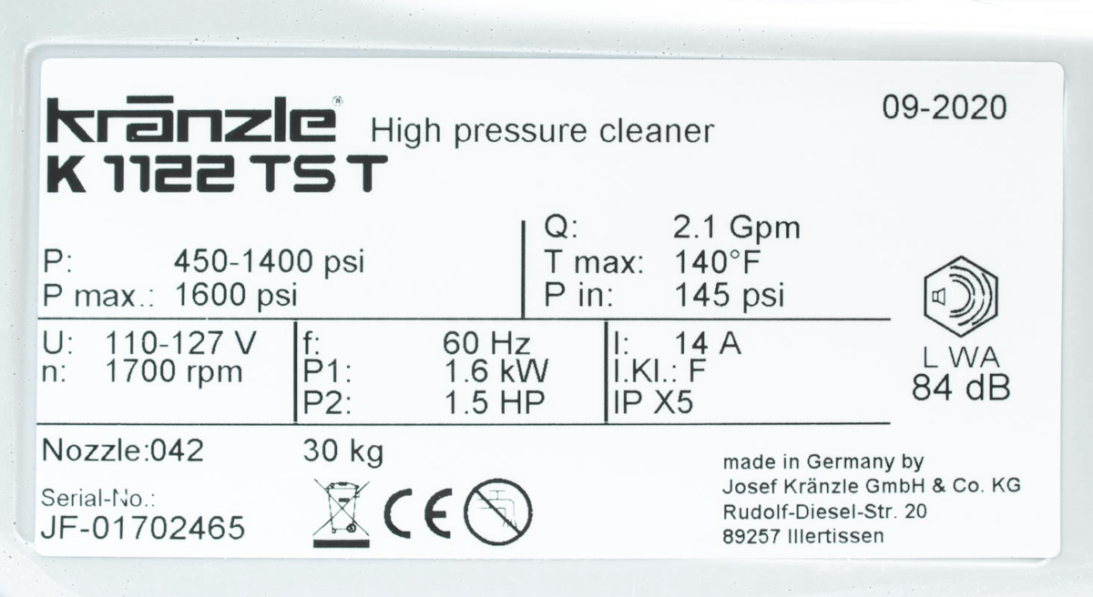 Kränzle 1122TST 1400 PSI 2.1 GPM Electric Pressure Washer - Custom Dealer Solutions-98K1122TST